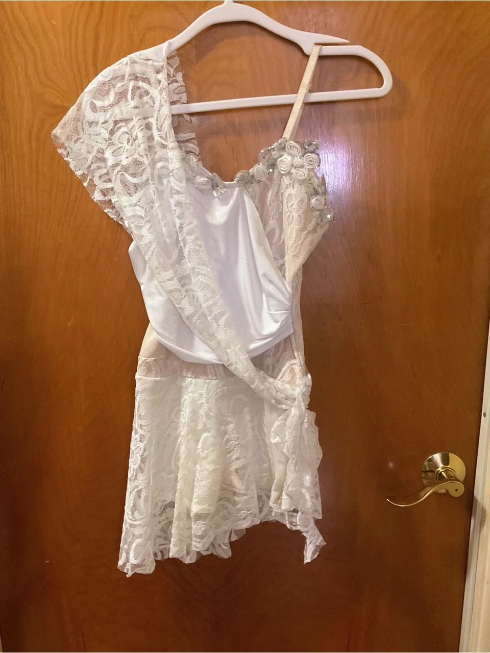 White Lace One-Shoulder Lyrical Dress with Floral Appliqué